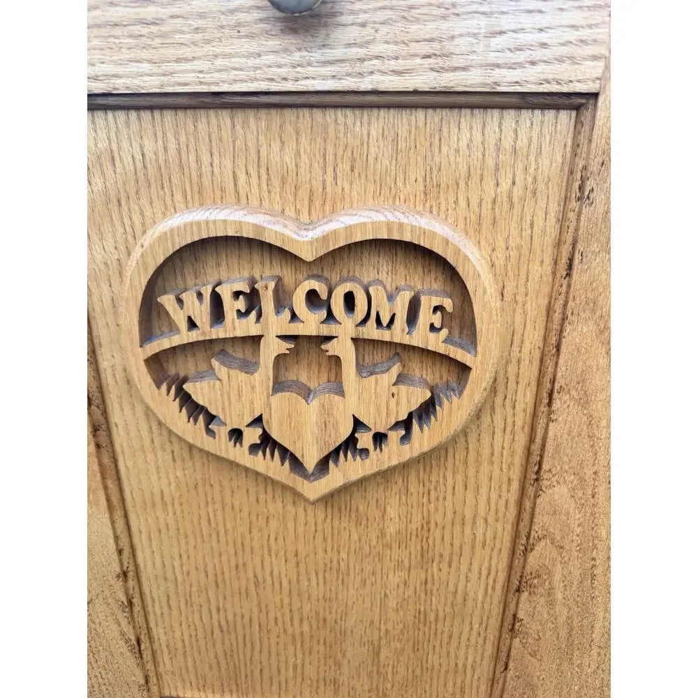 VTG Large Solid Oak Wood Hand Carved Laundry Hamper /Waste Bin H30.5xW20xD12.5”